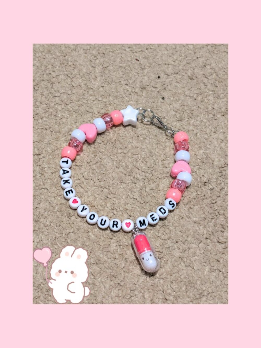 Handmade Kandi "Take Your Meds" Bracelet Pink Pill Charm Cutecore Mental Health